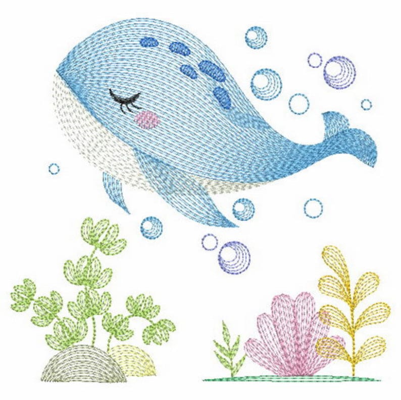 May include: A blue whale with closed eyes and a pink blush swims through the water, surrounded by bubbles.  Seaweed and a pink coral reef are at the bottom of the image.
