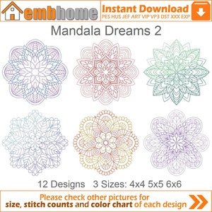 May include: Twelve colorful mandala designs in three sizes: 4x4, 5x5, and 6x6 inches. The designs are intricate and detailed, with a variety of colors and patterns.