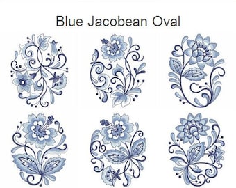 Delft Blue Oval Floral Flowers Bloom Machine Embroidery Designs Pack Instant Download 4x4 5x5 6x6 aro 10 diseños APE1328