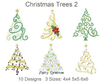 May include: Ten embroidery designs of Christmas trees in various styles, including a tree with musical notes, a tree with a red poinsettia, and a tree with a "Merry Christmas" inscription. The designs are available in three sizes: 4x4, 5x5, and 6x6 inches.