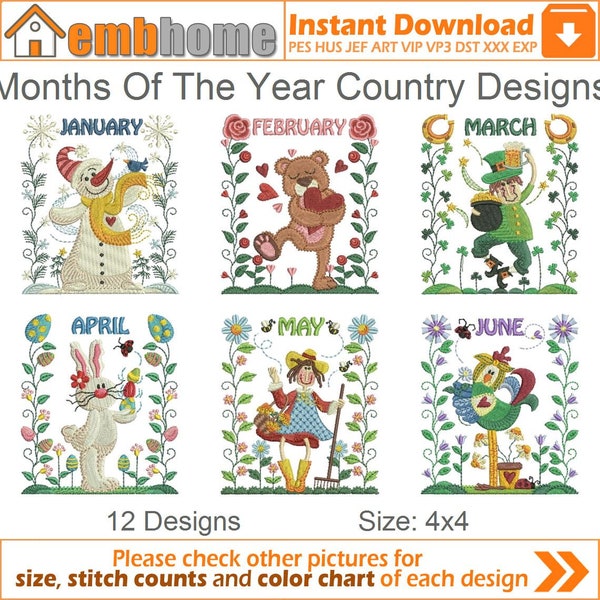 Mesi dell'anno Country Designs Ricamo Disegni Download istantaneo 4x4 cerchio 12 disegni APE2529