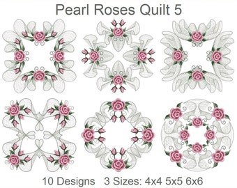 Pearl Roses Quilt Heirloom Block Machine Embroidery Designs Instant Download 4x4 5x5 6x6 hoop 10 designs APE1774