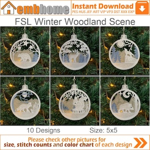 Könnte beinhalten: Gestickte Weihnachtskugeln mit winterlichen Waldszenen. Jede Kugel zeigt ein anderes Design, darunter ein Bär, ein Hirsch, ein Wolf, ein Fuchs, ein Eichhörnchen und ein Bär. Die Kugeln sind weiß mit blauen und beigen Akzenten. Der Text "FSL Winter Woodland Scene" ist sichtbar.