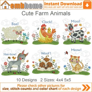 Cute Farm Animals Machine Embroidery Designs Pack Instant Download 4x4 5x5 hoop 10 designs APE3188