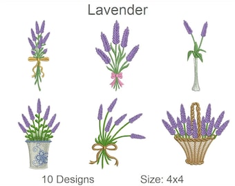 May include: Ten embroidery designs featuring lavender flowers in various arrangements. The designs include lavender in a pot, a bouquet, a single stem, and a basket. The designs are 4x4 inches in size.