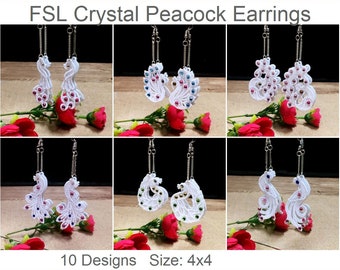 FSL Crystal Peacock Earrings Free Standing Lace Machine Embroidery Designs Instant Download 4x4 hoop 10 designs APE3150