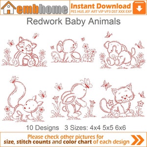 Redwork Baby Animals Machine Embroidery Designs Pack Instant Download 4x4 5x5 6x6 hoop 10 designs SHE2677