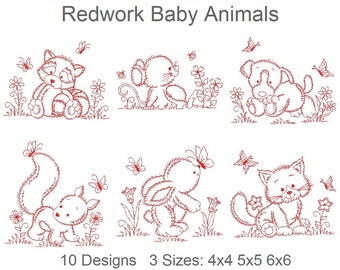 Redwork Baby Animals Machine Embroidery Designs Pack Instant Download 4x4 5x5 6x6 hoop 10 designs SHE2677