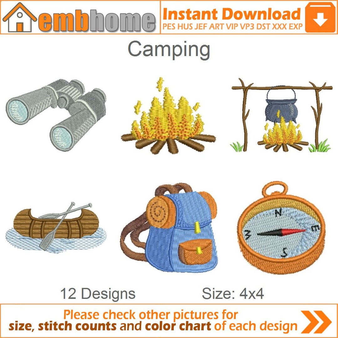 Camping Machine Embroidery Designs Instant Download 4x4 Hoop 12 Designs