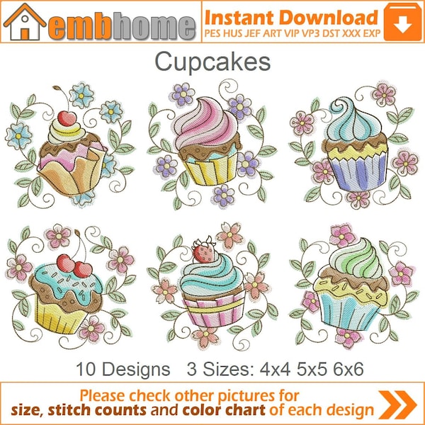 Cupcakes Motifs de broderie Téléchargement instantané 4x4 5x5 6x6 cerceau 10 dessins APE2916