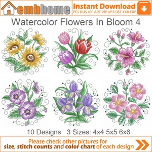 Watercolor Flowers In Bloom Machine Embroidery Designs Pack Instant Download 4x4 5x5 6x6 hoop 10 designs APE2333