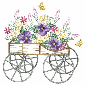 May include: A vintage-style wagon filled with a colorful bouquet of flowers, including purple pansies, yellow daisies, and pink blossoms. Two butterflies are flying near the wagon.