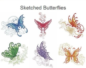 Sketched Butterflies Floral Flower Machine Embroidery Designs Pack Instant Download 4x4 5x5 6x6 hoop 10 designs SHE1348