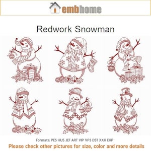 Peut inclure: Six motifs de broderie rouge de bonhommes de neige avec divers accessoires, dont des chapeaux, des écharpes et des ornements. Les motifs sont soulignés en rouge et présentent un motif de feuilles et de baies de houx.