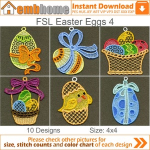 May include: Set of 10 embroidery designs featuring Easter eggs, a chick, and baskets of eggs. The designs are in a variety of colours, including blue, yellow, green, and orange. The designs are 4x4 inches in size.