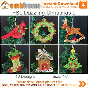 FSL Dazzling Christmas Ornament Free Standing Lace Machine Embroidery Designs Instant Download 4x4 hoop 10 designs APE2797