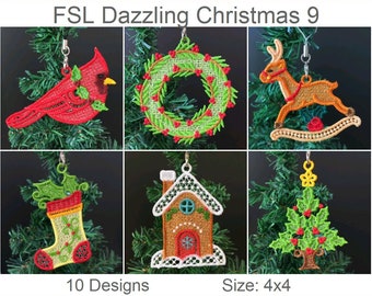 FSL Dazzling Christmas Ornament Free Standing Lace Machine Embroidery Designs Instant Download 4x4 hoop 10 designs APE2797