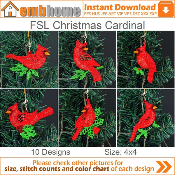 FSL Weihnachten Kardinal frei stehende Spitze Maschinenstickerei Designs Instant Download 4x4 Stickrahmen 10 Designs SHE5547