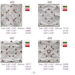 May include: Four white square quilt blocks with a pink and green floral design. Each block has a number and the size and stitch count for each block is listed below the block.