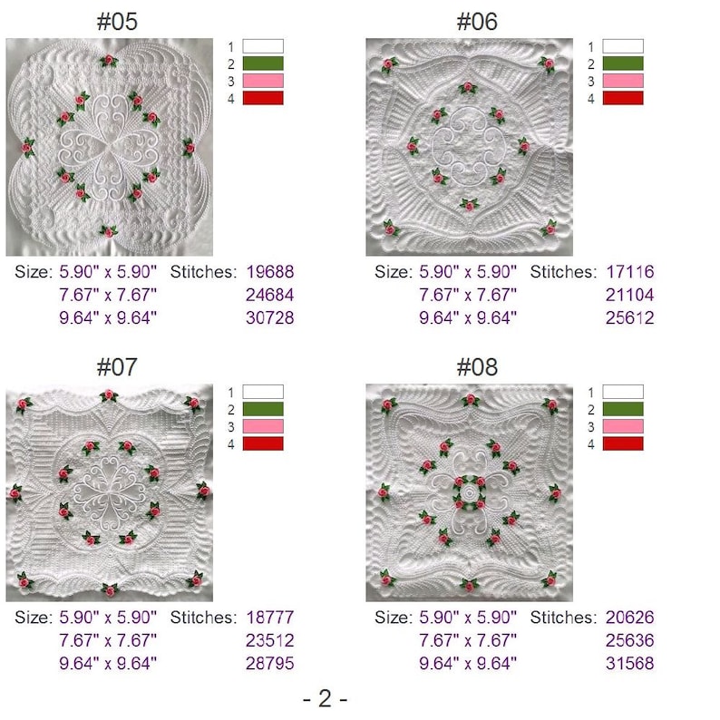 May include: Four white square quilt blocks with a pink and green floral design. Each block has a number and the size and stitch count for each block is listed below the block.