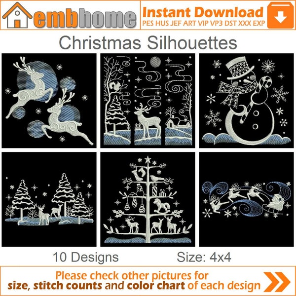 Noël Silhouettes Machine Broderie Designs Pack Téléchargement instantané 4x4 cerceau 10 dessins APE2824