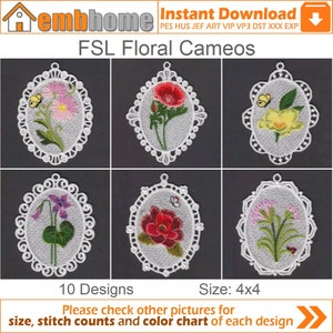 FSL Floral Cameos- Free Standing Lace Machine Embroidery Designs Instant Download 4x4 hoop 10 designs APE2280