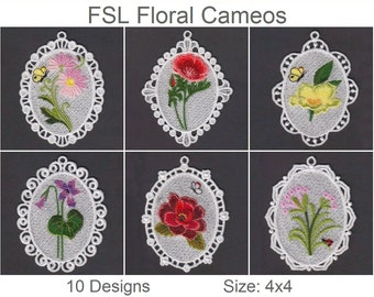 May include: 10 embroidery designs of floral cameos in oval frames. Each design features a different flower, including a poppy, daisy, violet, and rose. The designs are 4x4 inches in size.