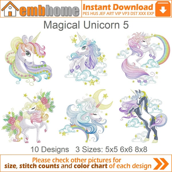 Magical Unicorn Machine Embroidery Designs Pack Instant Download 5x5 6x6 8x8 hoop 10 designs APE3175