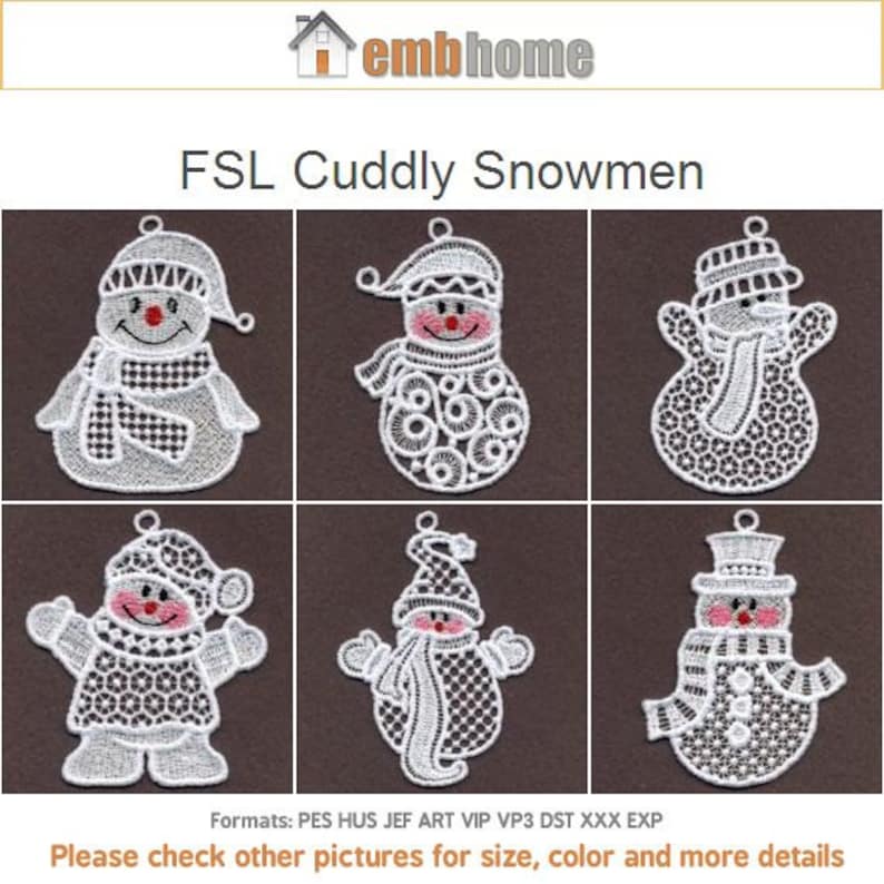 Fsl cuddly snowmen free standing lace machine embroidery  etsy