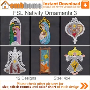 FSL Nativity Ornaments Free Standing Lace Machine Embroidery Designs Instant Download 4x4 hoop 12 designs APE2399