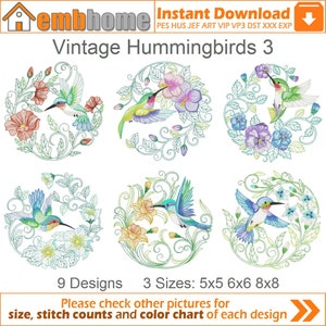 Vintage Hummingbirds Machine Embroidery Designs Pack Instant Download 5x5 6x6 8x8 hoop 9 designs APE3315