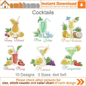 Cocktails Machine Embroidery Designs Pack Instant Download 4x4 5x5 6x6 hoop 10 designs APE2580