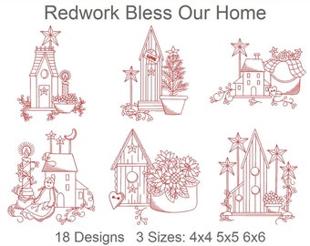 Redwork Bless Our Home Quilt Heirloom Machine Embroidery Designs Instant Download 4x4 5x5 6x6 hoop 18 designs APE1838