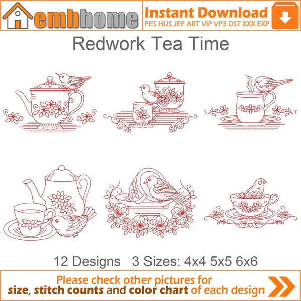 Redwork Tea Time Machine Embroidery Designs Instant Download 4x4 5x5 6x6 hoop 12 designs APE1574