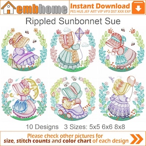 Rippled Sunbonnet Sue Machine Embroidery Designs Pack Instant Download 5x5 6x6 8x8 hoop 10 designs SHE5476