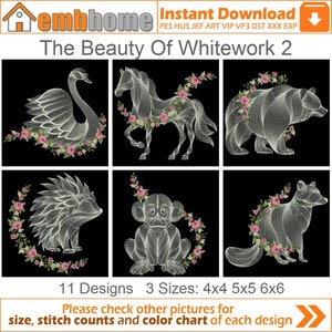 Puede incluir: 11 diseños de bordado de animales con guirnaldas florales en blanco sobre fondo negro. Los diseños están disponibles en tres tamaños: 4x4, 5x5 y 6x6 pulgadas. El texto "The Beauty Of Whitework 2" está en la parte superior de la imagen.