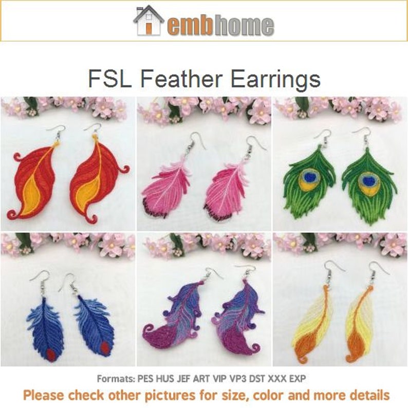 Fsl feather earrings free standing lace machine embroidery  etsy uk