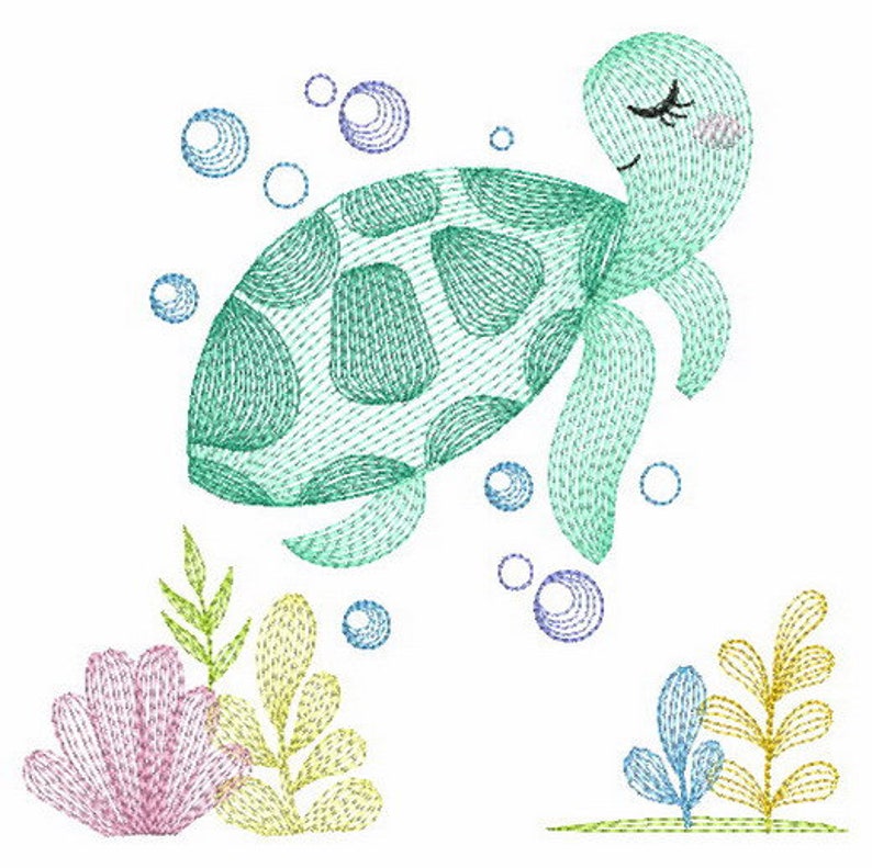May include: A green and blue cartoon turtle with closed eyes swims in the ocean with bubbles. The turtle is surrounded by seaweed and coral.