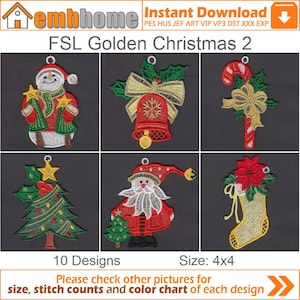 FSL Golden Christmas Free Standing Lace Machine Embroidery Designs Instant Download 4x4 hoop 10 designs APE2335