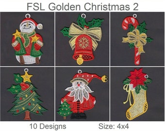 FSL Golden Christmas Free Standing Lace Machine Embroidery Designs Instant Download 4x4 hoop 10 designs APE2335