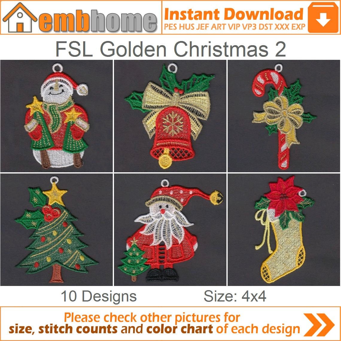 FSL Golden Christmas Free Standing Lace Machine Embroidery Designs Instant Download 4x4 hoop 10 designs APE2335