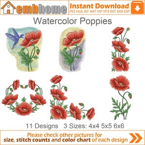 Watercolor Poppies Flower Floral Heirloom Quilt Machine Embroidery Designs Pack Instant Download 4x4 5x5 6x6 hoop 11 designs APE1878