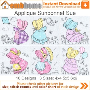 Applique Sunbonnet Sue Machine Embroidery Designs Pack Instant Download 4x4 5x5 6x6 hoop 10 designs SHE5472