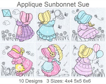 Applique Sunbonnet Sue Machine Embroidery Designs Pack Instant Download 4x4 5x5 6x6 hoop 10 designs SHE5472