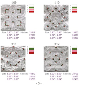 May include: Four white fabric squares with pink rose embroidery designs. Each square has a number and size measurements in inches. The squares are labeled #09, #10, #11, and #12.