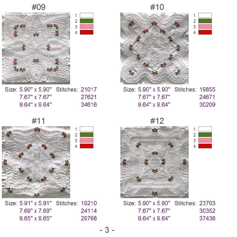 May include: Four white fabric squares with pink rose embroidery designs. Each square has a number and size measurements in inches. The squares are labeled #09, #10, #11, and #12.