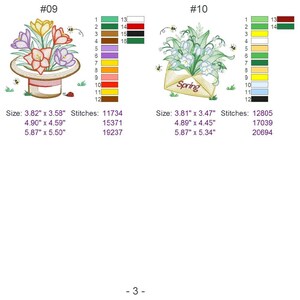 Puede incluir: Dos dise&ntilde;os de bordado con flores de primavera. El primer dise&ntilde;o muestra un ramo de crocus morados, rosas y amarillos en un sombrero marr&oacute;n y blanco. El segundo dise&ntilde;o muestra un ramo de lirios del valle blancos en un sobre blanco con la palabra "Primavera" escrita en &eacute;l. Ambos dise&ntilde;os incluyen abejas y una tabla de colores.
