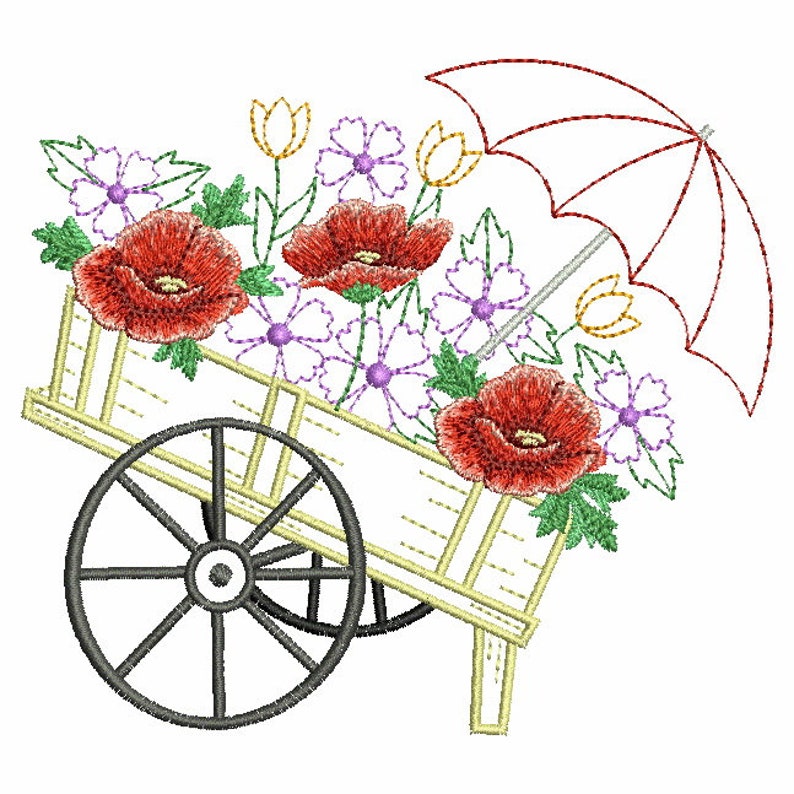May include: A white wooden wagon filled with red poppies, purple and yellow flowers, and green leaves. A red umbrella with a white handle sits on top of the wagon.