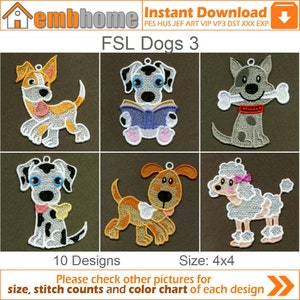 FSL Dogs Cute Animal Ornament Free Standing Lace Machine Embroidery Designs Instant Download 4x4 hoop 10 designs APE1770