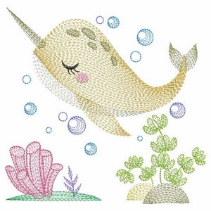 May include: A cartoon narwhal with a closed eye, a pink blush, and a yellow horn swims in the ocean with blue bubbles.  The narwhal is surrounded by green seaweed and a pink coral.